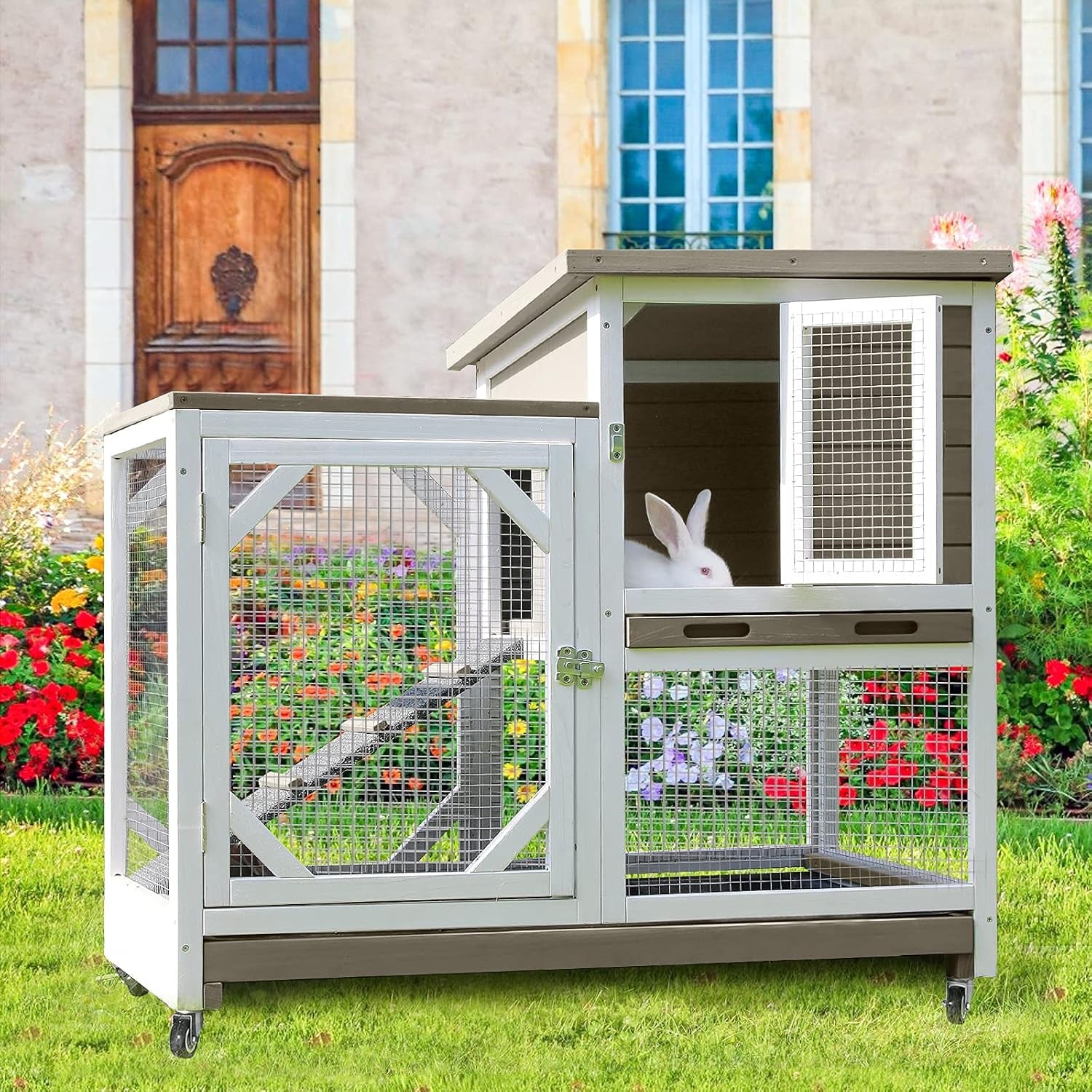 Indoor Rabbit Hutch Large Rabbit Cage, Outdoor Bunny Hutch Guinea Pig Cage - 4 Casters Include (Mocca Color without Bottom Wire Mesh)