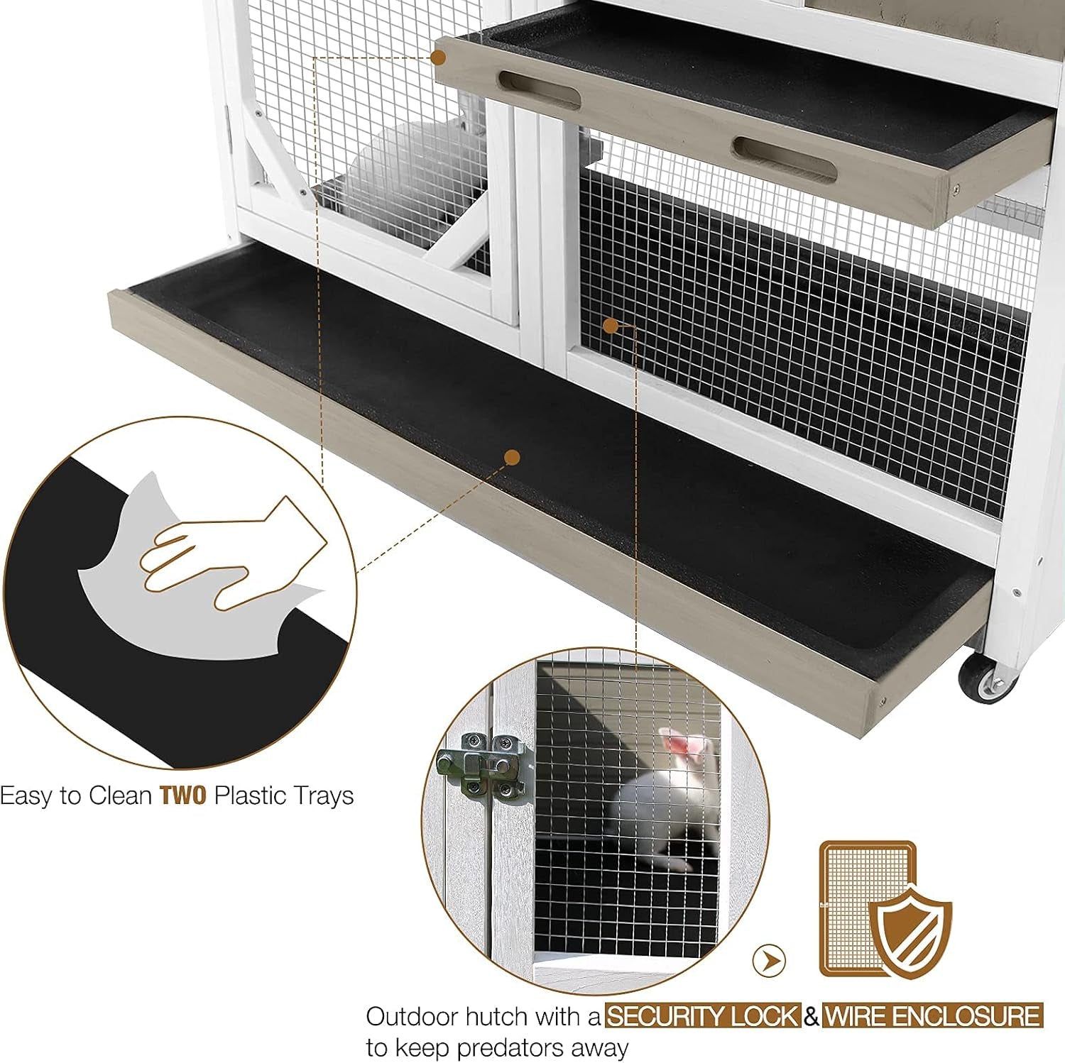 Indoor Rabbit Hutch Large Rabbit Cage, Outdoor Bunny Hutch Guinea Pig Cage - 4 Casters Include (Mocca Color without Bottom Wire Mesh)