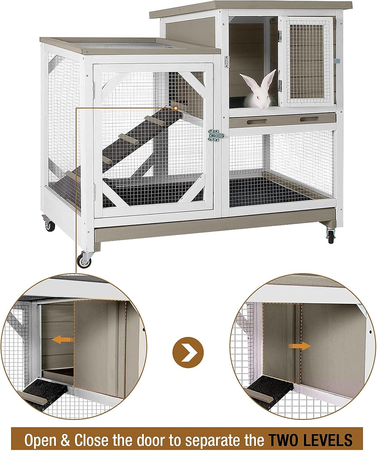 Indoor Rabbit Hutch Large Rabbit Cage, Outdoor Bunny Hutch Guinea Pig Cage - 4 Casters Include (Mocca Color without Bottom Wire Mesh)