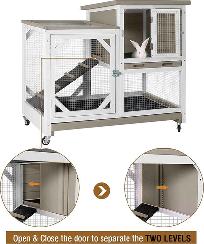 Indoor Rabbit Hutch Large Rabbit Cage, Outdoor Bunny Hutch Guinea Pig Cage - 4 Casters Include (Mocca Color without Bottom Wire Mesh)