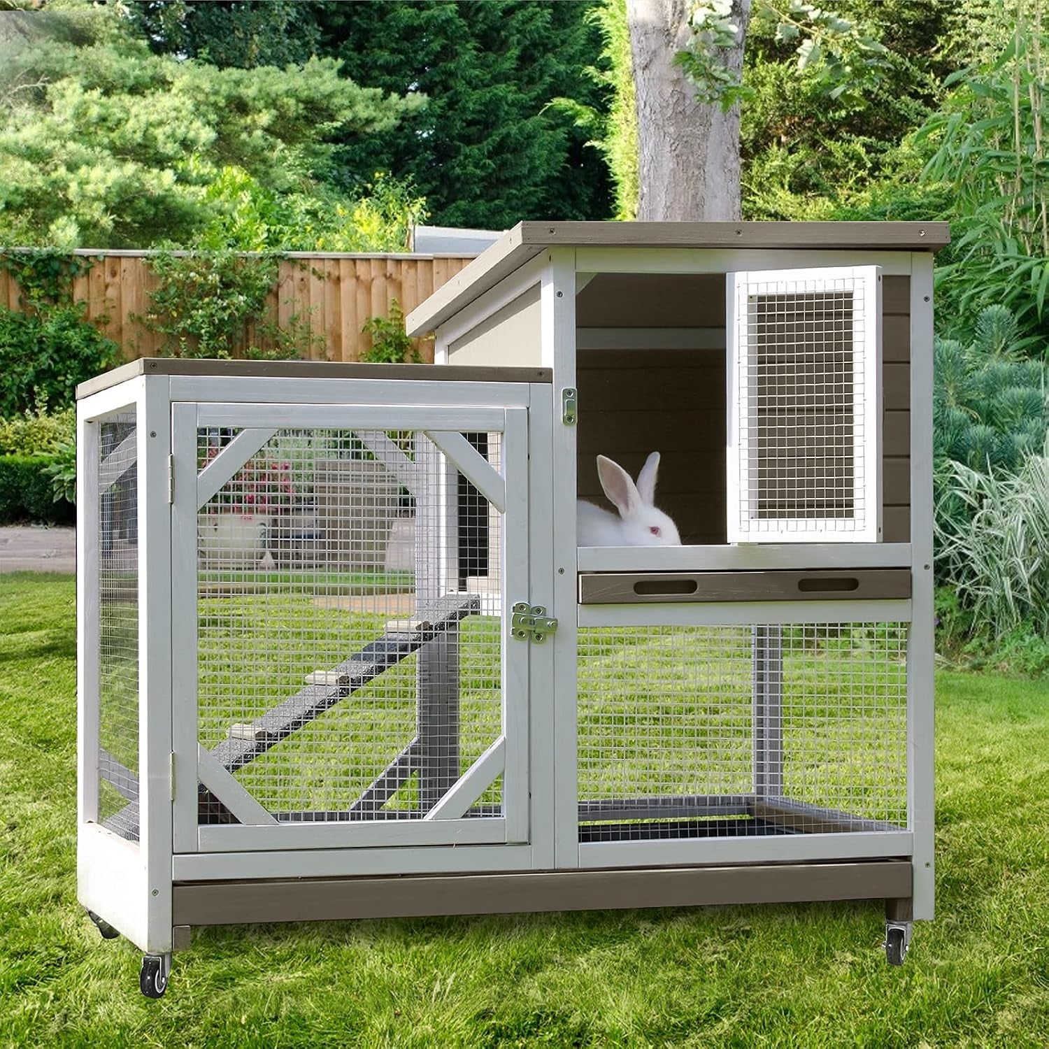 Indoor Rabbit Hutch Large Rabbit Cage, Outdoor Bunny Hutch Guinea Pig Cage - 4 Casters Include (Mocca Color without Bottom Wire Mesh)