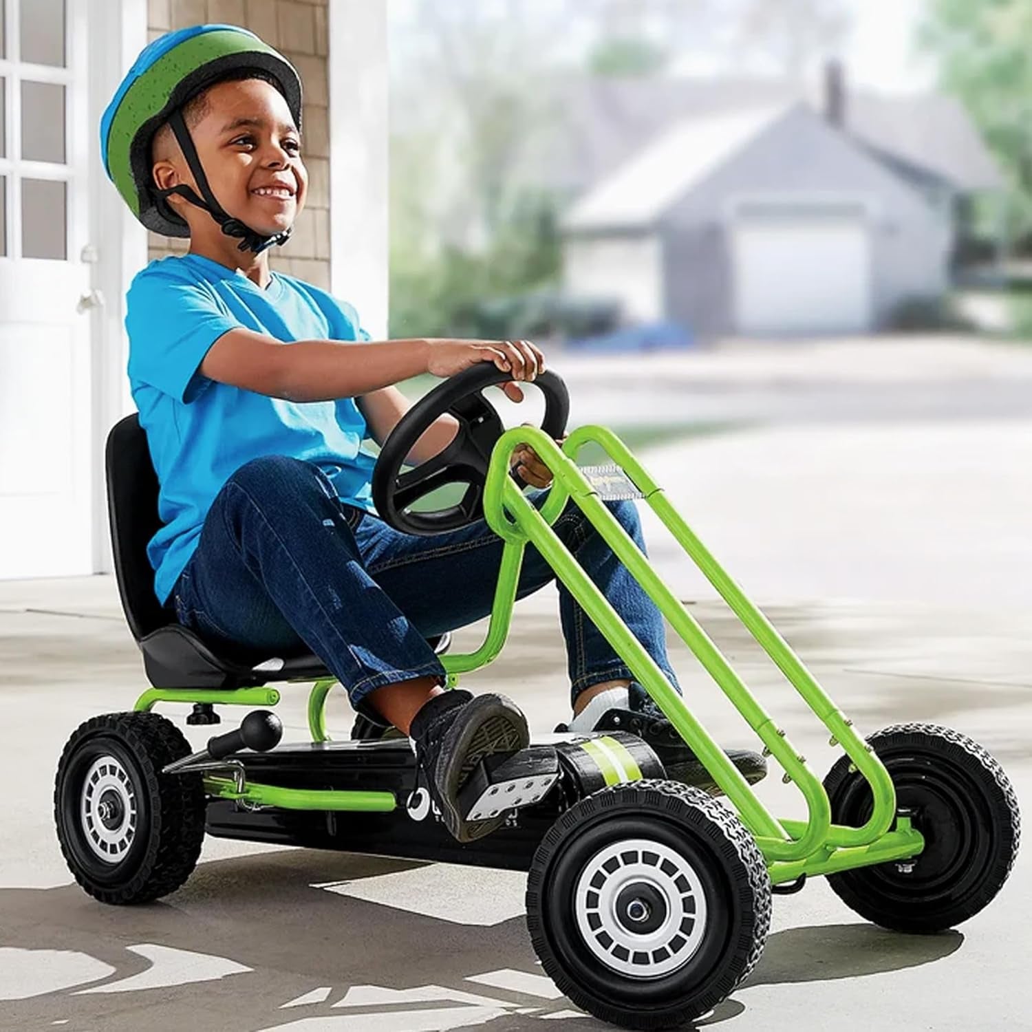 Kids Pedal Go Kart, 4 Wheel Bike Cart, Ages 4-8, Lightning Ride, Race Green - Outdoor Bicycle Karts with Plastic Wheels for Boys and Girls