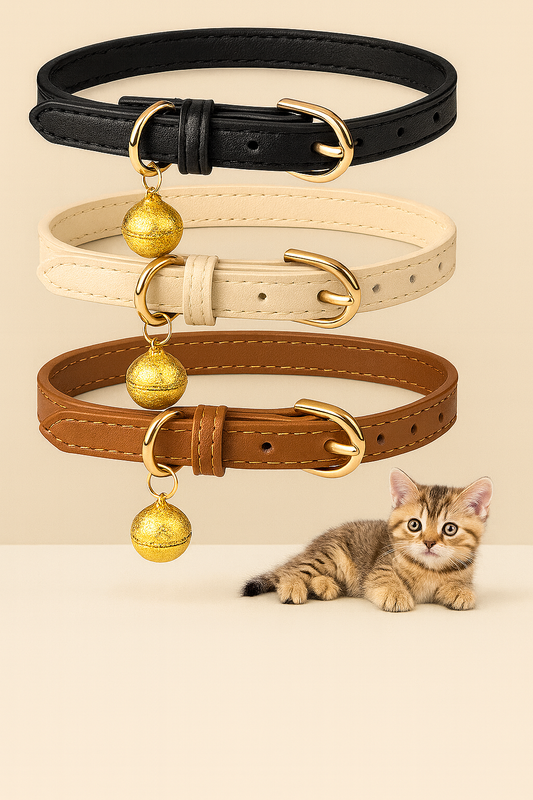 3 Pack Leather Cat Collars with Bells Soft Pet Safety Collar Kitten Collars with Bell Black Chocolate Beige(Xs)