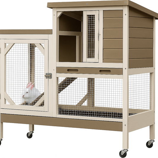 Indoor Rabbit Hutch Large Rabbit Cage, Outdoor Bunny Hutch Guinea Pig Cage - 4 Casters Include (Mocca Color without Bottom Wire Mesh)