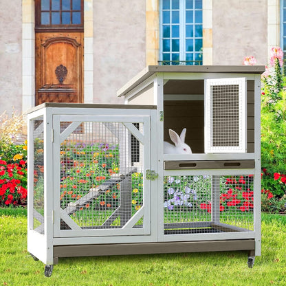 Indoor Rabbit Hutch Large Rabbit Cage, Outdoor Bunny Hutch Guinea Pig Cage - 4 Casters Include (Mocca Color without Bottom Wire Mesh)