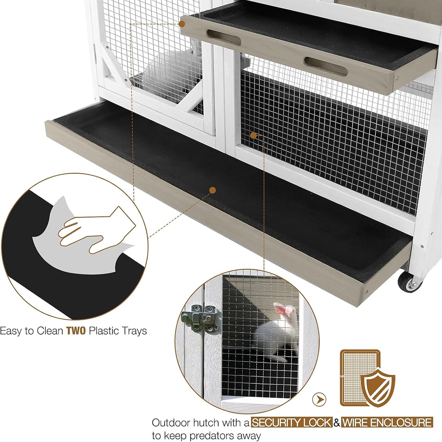 Indoor Rabbit Hutch Large Rabbit Cage, Outdoor Bunny Hutch Guinea Pig Cage - 4 Casters Include (Mocca Color without Bottom Wire Mesh)