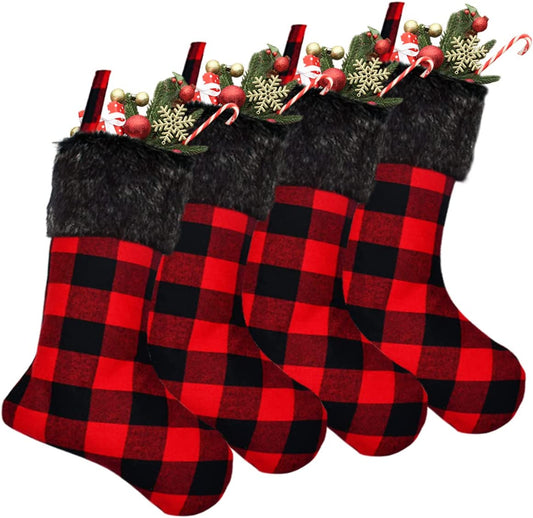 Christmas Stockings- 4 Pack 18" Red Black Buffalo Plaid Stockings with Plush Faux Fur Cuff, Classic Large Christmas Stockings Decorations for Family Christmas Holiday Party Decor