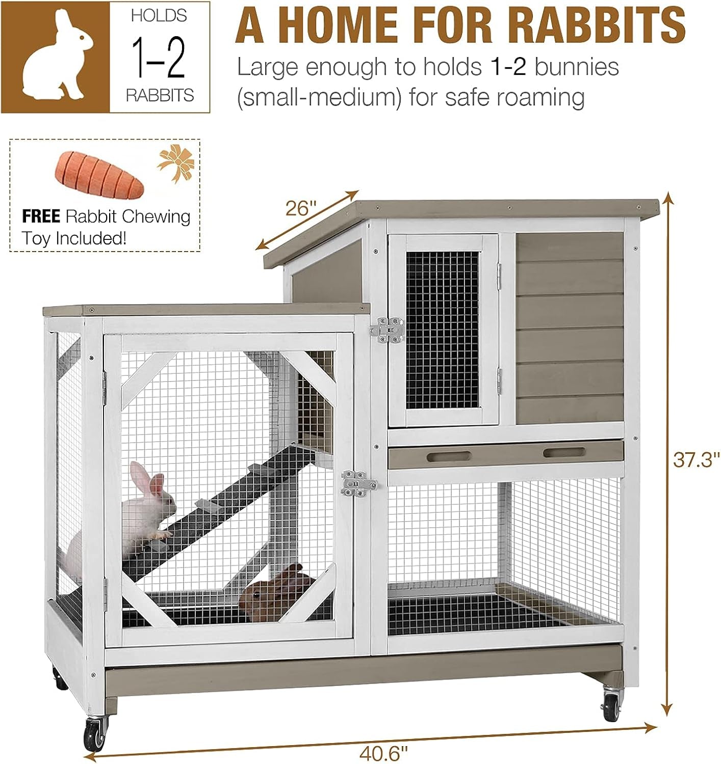 Indoor Rabbit Hutch Large Rabbit Cage, Outdoor Bunny Hutch Guinea Pig Cage - 4 Casters Include (Mocca Color without Bottom Wire Mesh)