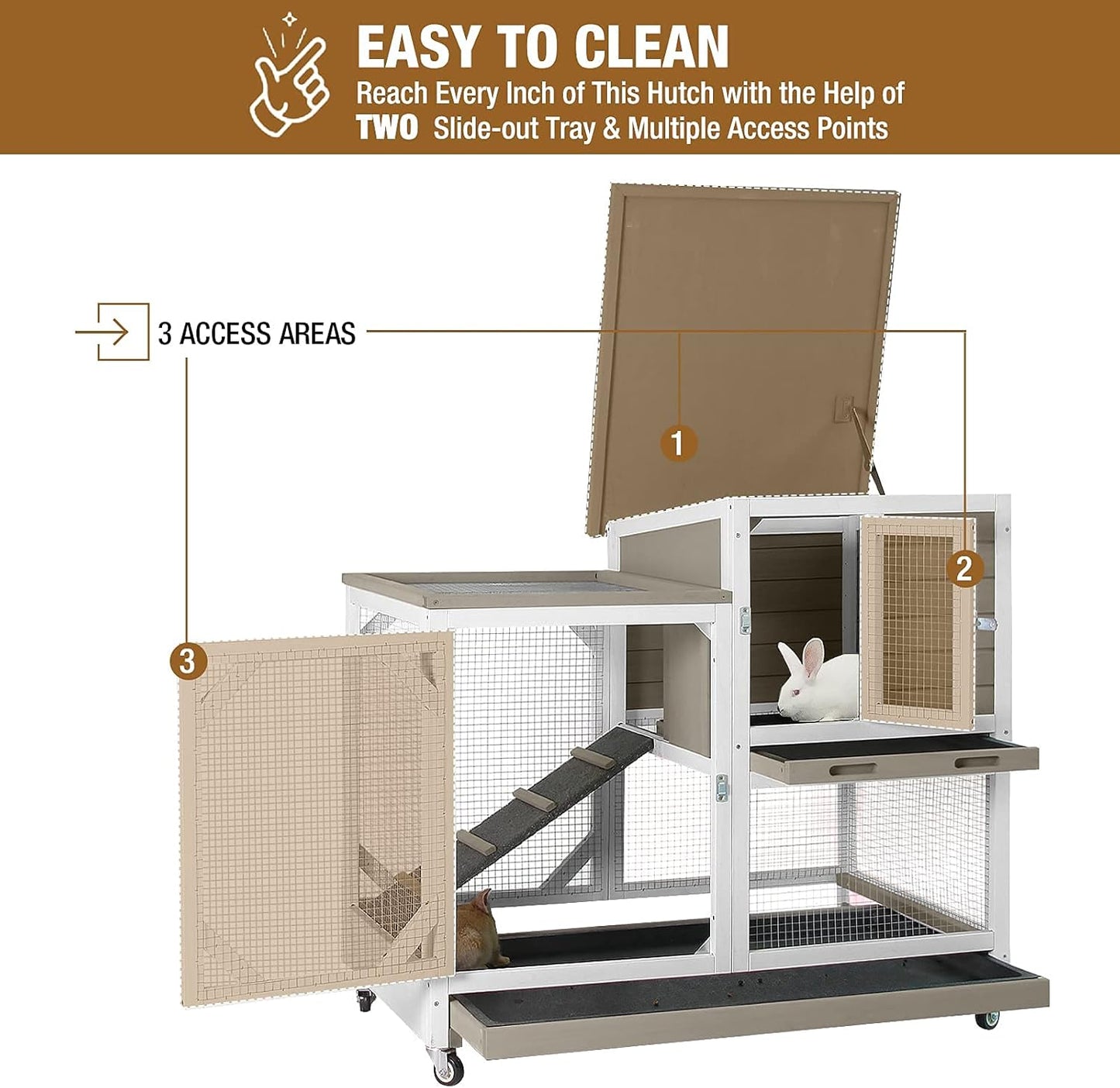 Indoor Rabbit Hutch Large Rabbit Cage, Outdoor Bunny Hutch Guinea Pig Cage - 4 Casters Include (Mocca Color without Bottom Wire Mesh)