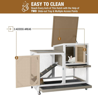 Indoor Rabbit Hutch Large Rabbit Cage, Outdoor Bunny Hutch Guinea Pig Cage - 4 Casters Include (Mocca Color without Bottom Wire Mesh)
